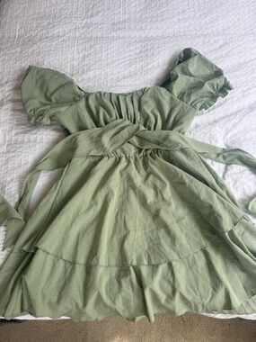 Fashion Nova Sage Green Puff Sleeve Wrap Mini Dress